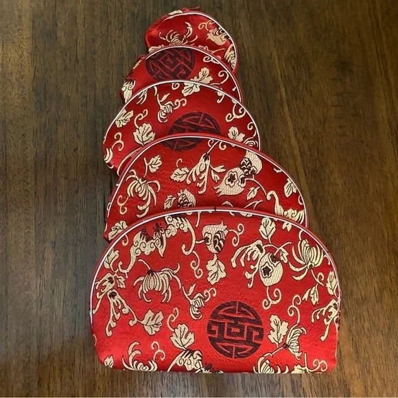 Red Faux Silk Floral Makeup
Bag Travel Clutch Asian Chinoiserie Set Of 5 NEW - Picture 2 of 11